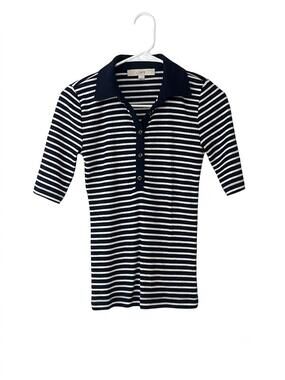 LOFT Women’s Navy White Striped Ribbed Polo Shirt Elbow Sleeve Size [
